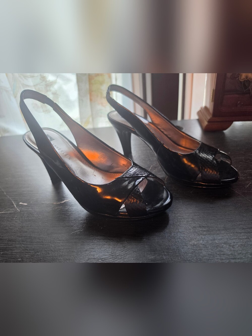 Anne Klein Black Patent Peep-Toe Slingback Heels